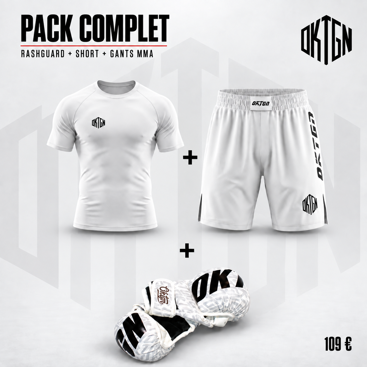 Pack complet blanc : rashguard, short et gants MMA