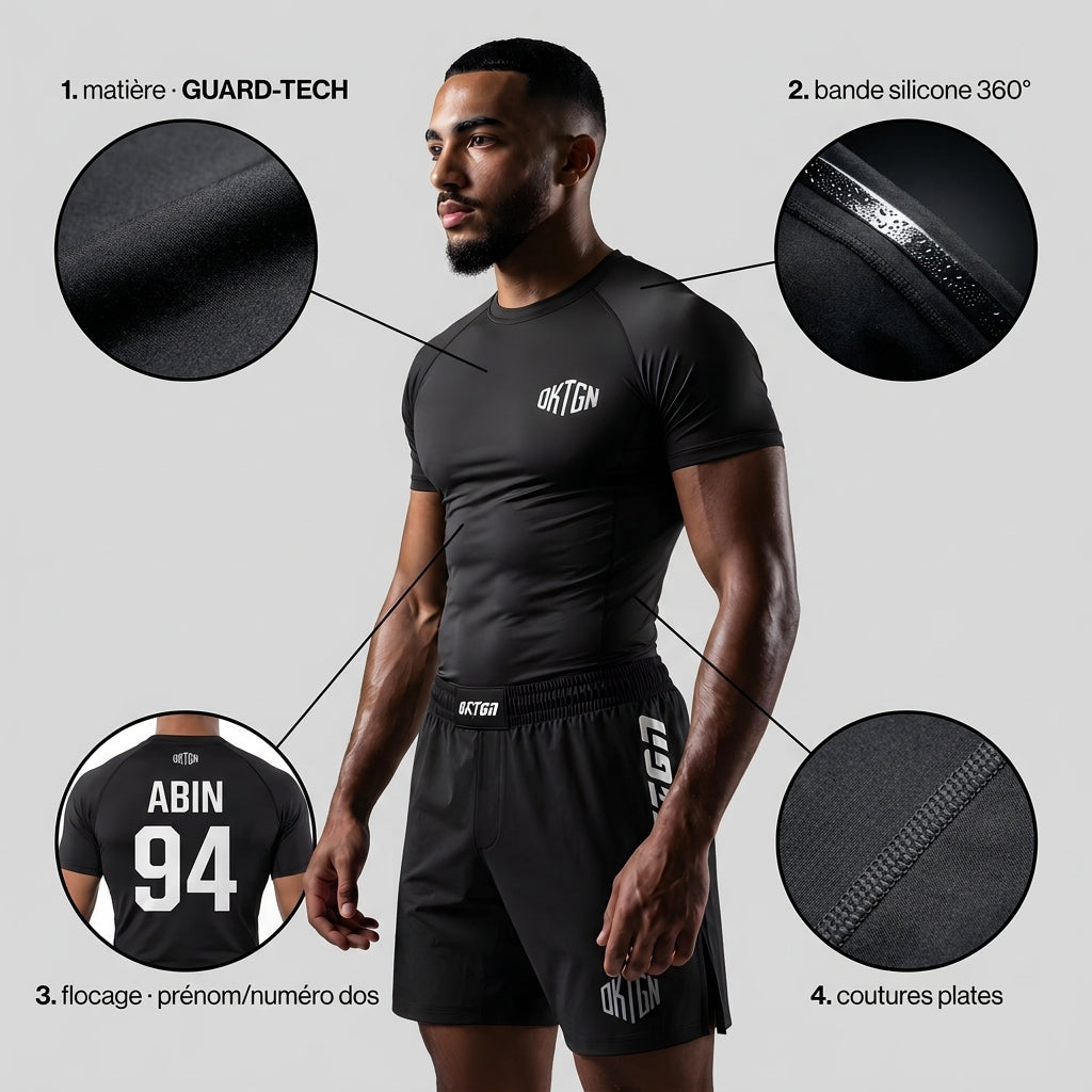 Rashguard et short OKTGN — matière, coutures plates et flocage prénom et numéro au dos
