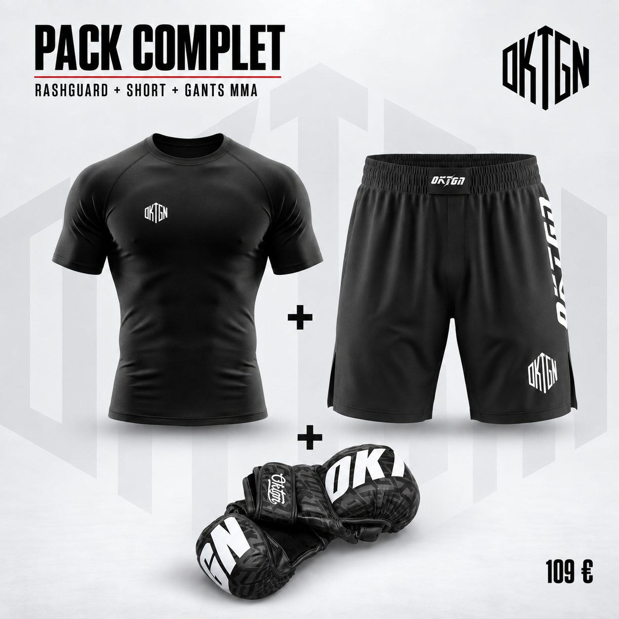 Pack complet noir — rashguard, short et gants MMA à 109 €